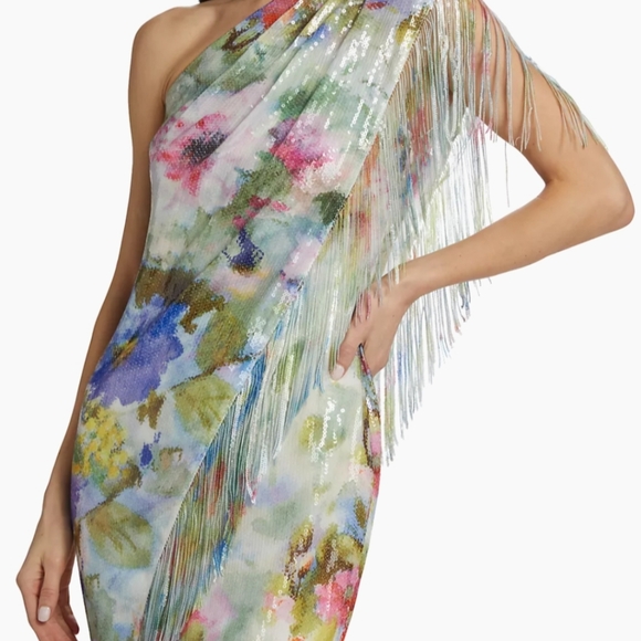 BADGLEY MISCHKA Green Multi Fringe Sequin Floral One Shoulder Dress - Picture 6 of 17